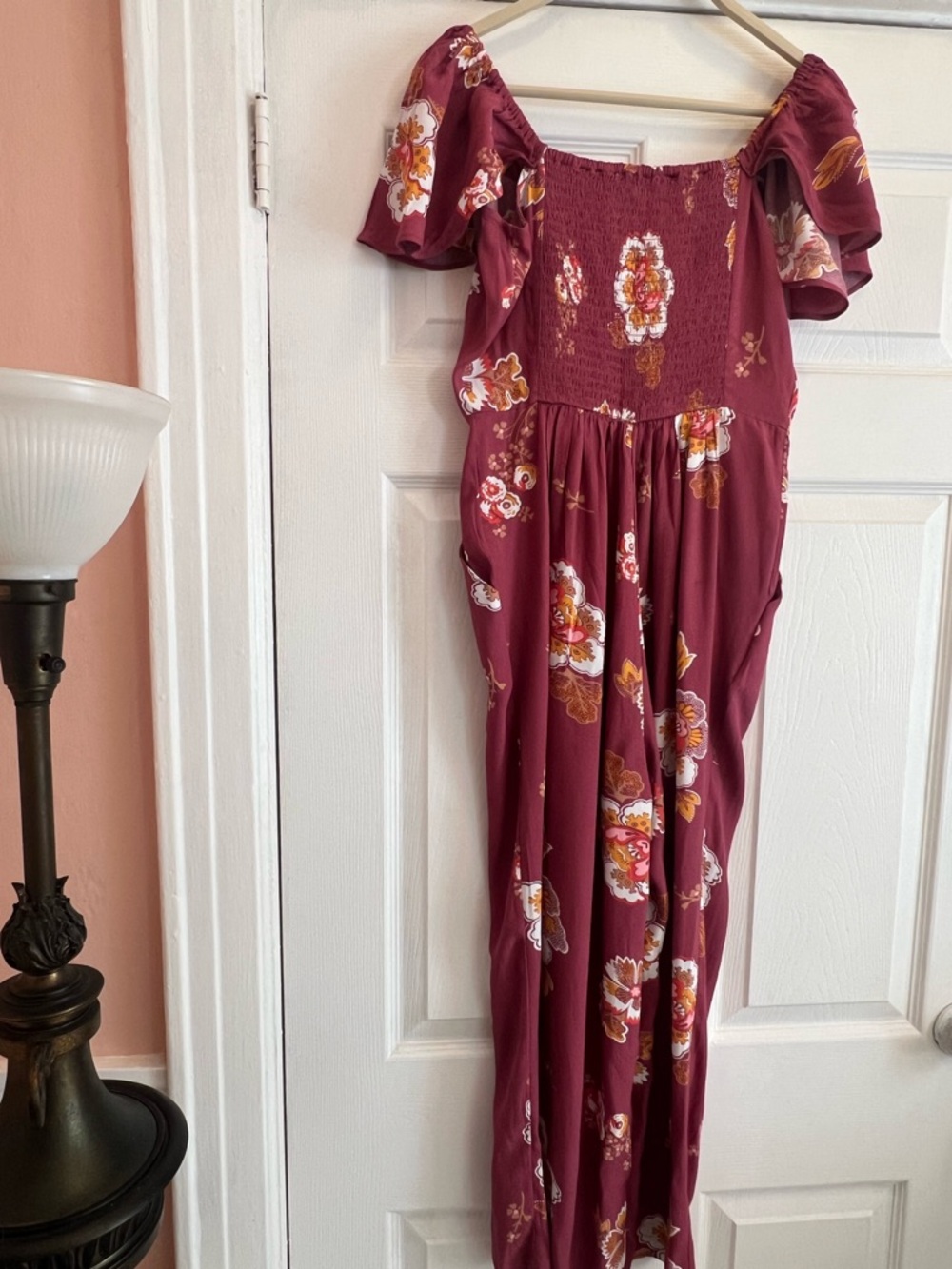 LOFT Burgundy Floral Off-Shoulder Jumpsuit